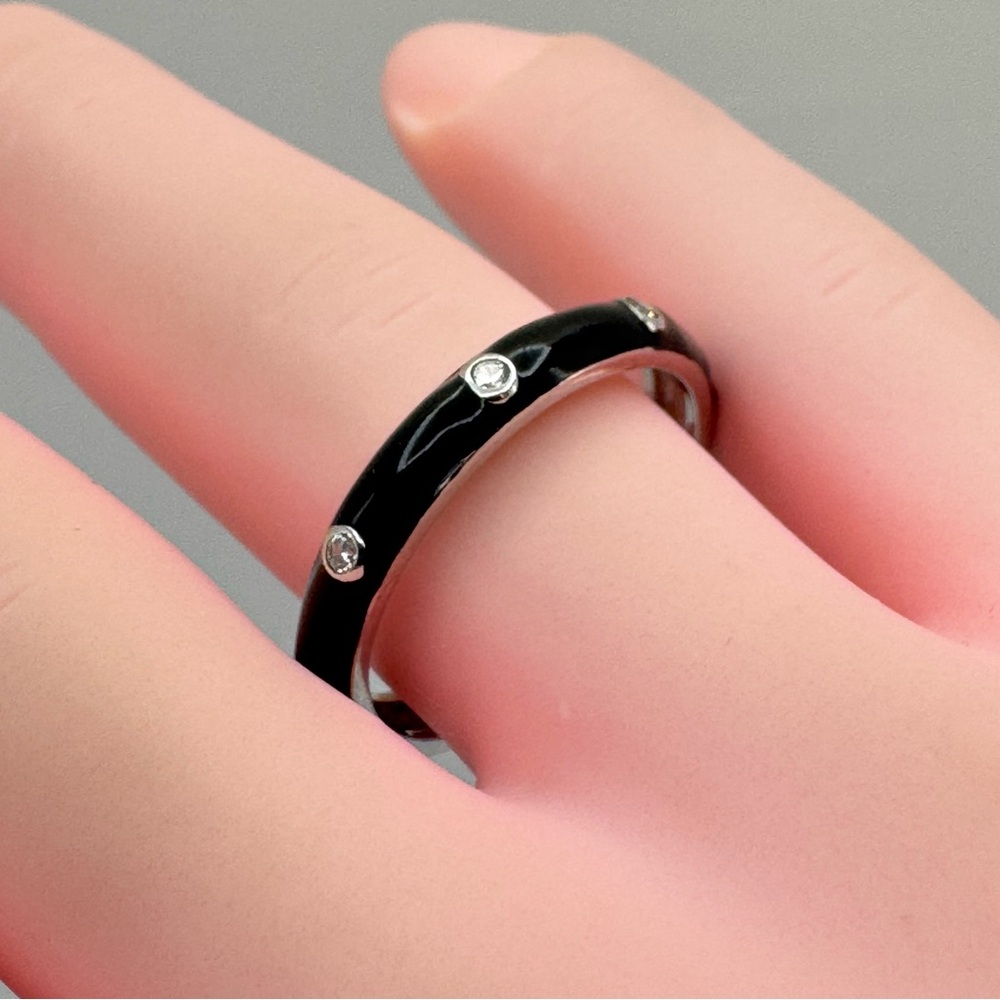 Sterling Silver Black Enamel Cubic Zirconia Stacking Ring Size 6.75